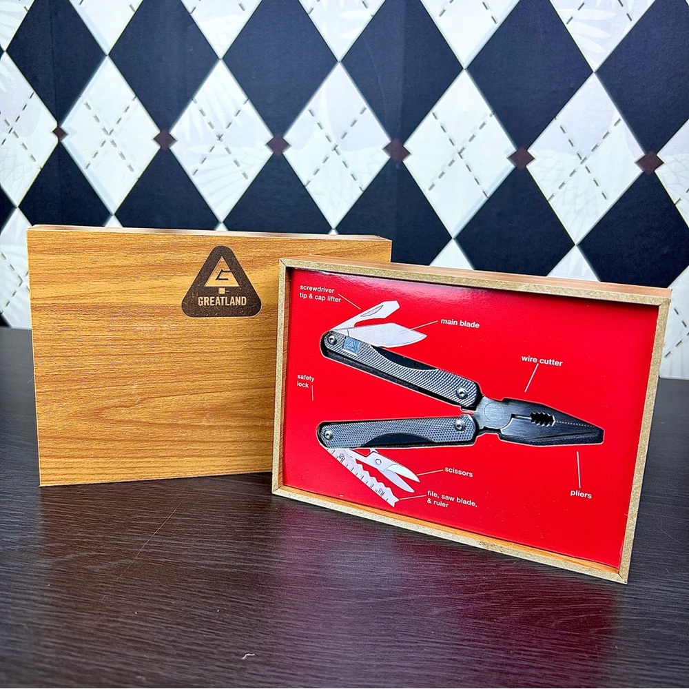NWT Multi Tool Stainless Steel Pliers Knife Set New in Faux Wood Box Greatland - Picture 6 of 9